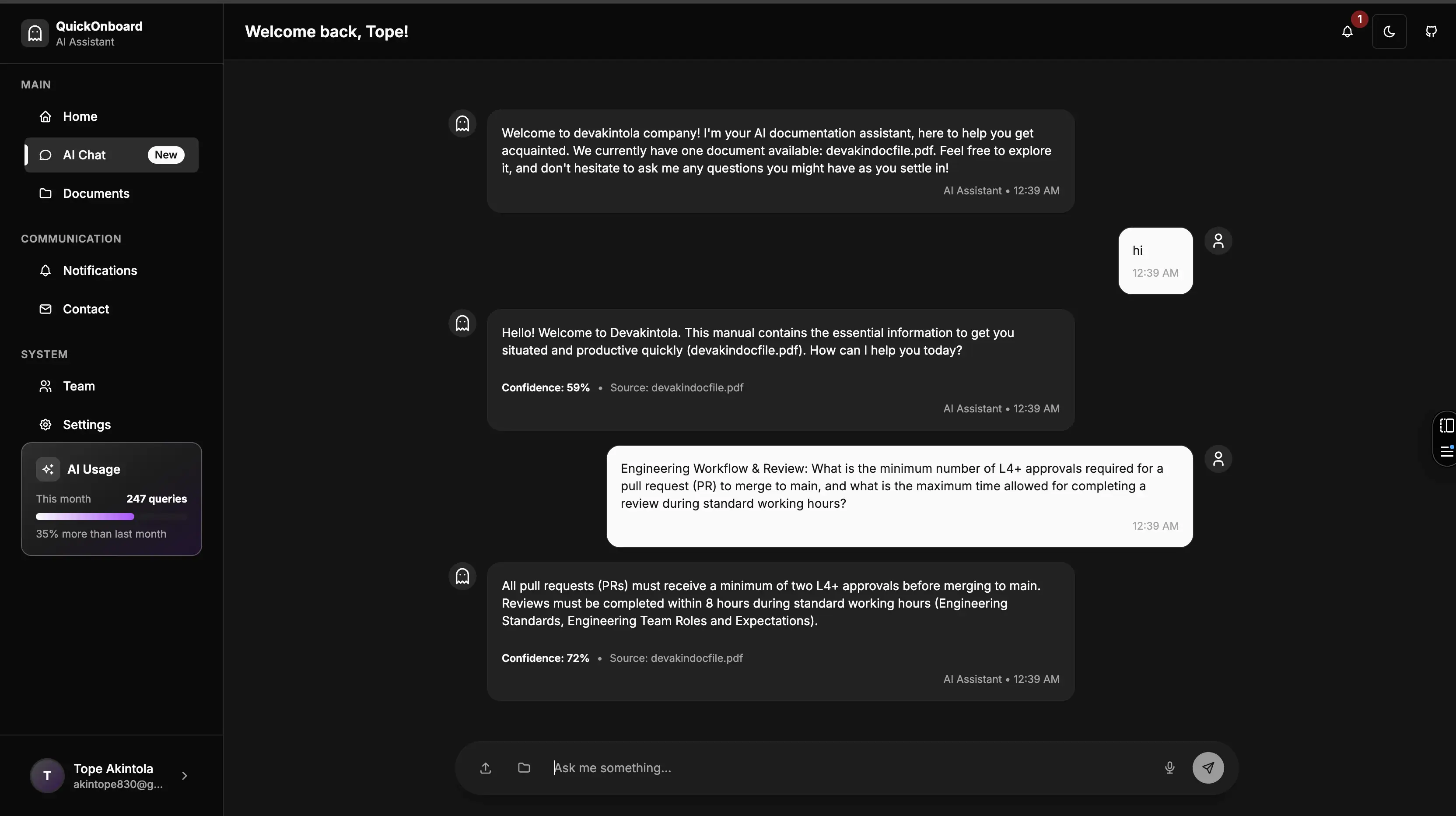 QuickOnboardDoc AI Chat Interface - showing AI assistant responding to employee questions with confidence scores and source citations